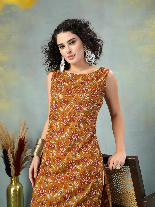 Brown_Cotton_Procian_Print_Cut_Sleeves_Round_Neck_Regular_Ankle_Length_Kurti_For_Women