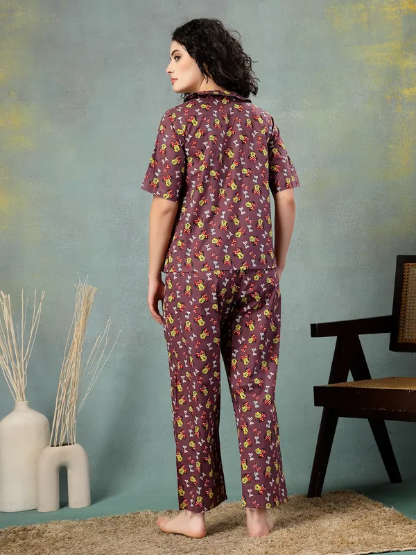 Brown_Cotton_Procian_Print_1/2_Sleeves_Round_Neck_Regular_Ankle_Length_Night_Suit_For_Women