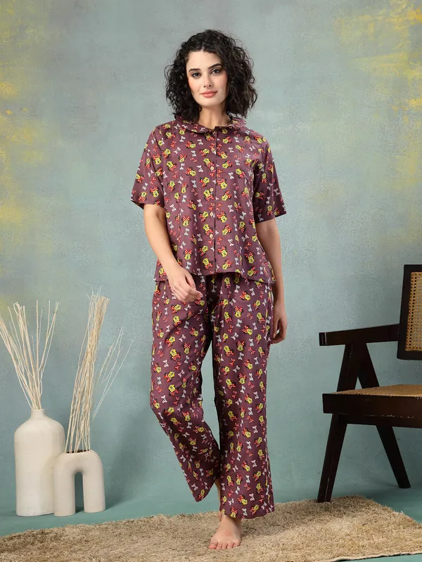 Brown_Cotton_Procian_Print_1/2_Sleeves_Round_Neck_Regular_Ankle_Length_Night_Suit_For_Women