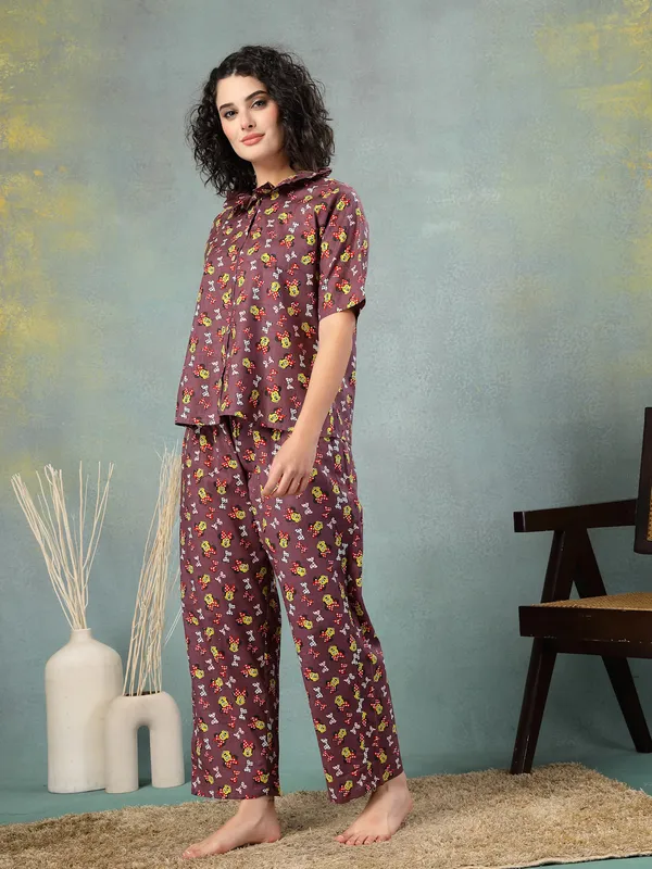 Brown_Cotton_Procian_Print_1/2_Sleeves_Round_Neck_Regular_Ankle_Length_Night_Suit_For_Women