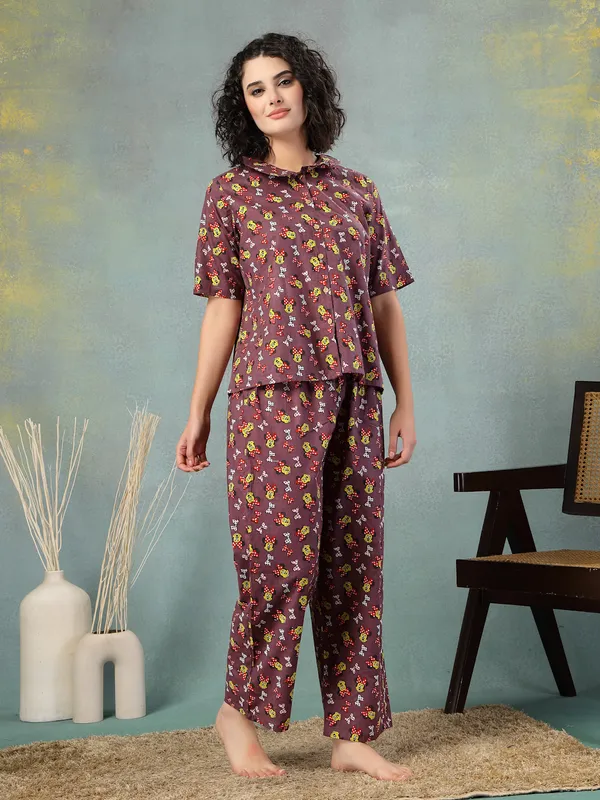 Brown_Cotton_Procian_Print_1/2_Sleeves_Round_Neck_Regular_Ankle_Length_Night_Suit_For_Women