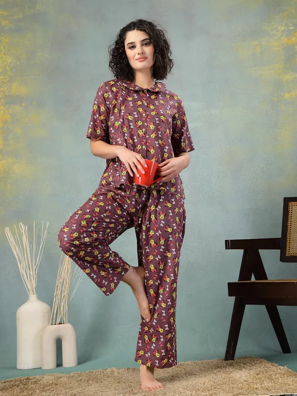 Brown_Cotton_Procian_Print_1/2_Sleeves_Round_Neck_Regular_Ankle_Length_Night_Suit_For_Women