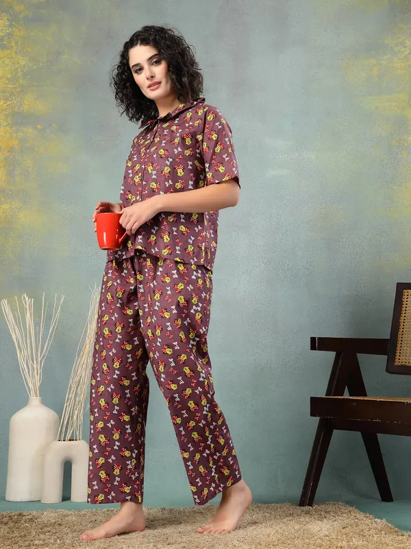 Brown_Cotton_Procian_Print_1/2_Sleeves_Round_Neck_Regular_Ankle_Length_Night_Suit_For_Women