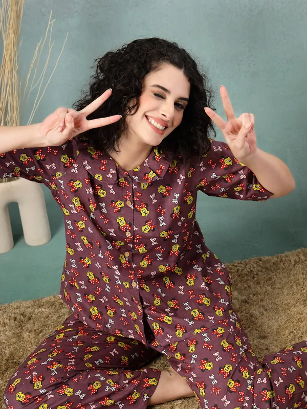 Brown_Cotton_Procian_Print_1/2_Sleeves_Round_Neck_Regular_Ankle_Length_Night_Suit_For_Women
