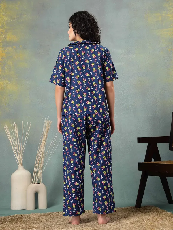 Blue_Cotton_Procian_Print_1/2_Selves_Round_Neck_Regular_Ankle_Length_Night_Suit_For_Women