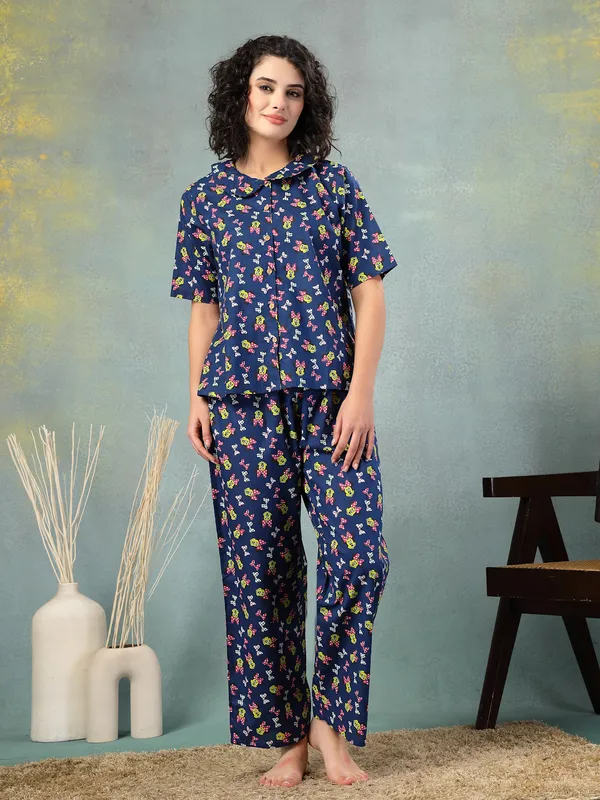 Blue_Cotton_Procian_Print_1/2_Selves_Round_Neck_Regular_Ankle_Length_Night_Suit_For_Women