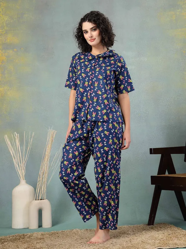 Blue_Cotton_Procian_Print_1/2_Selves_Round_Neck_Regular_Ankle_Length_Night_Suit_For_Women