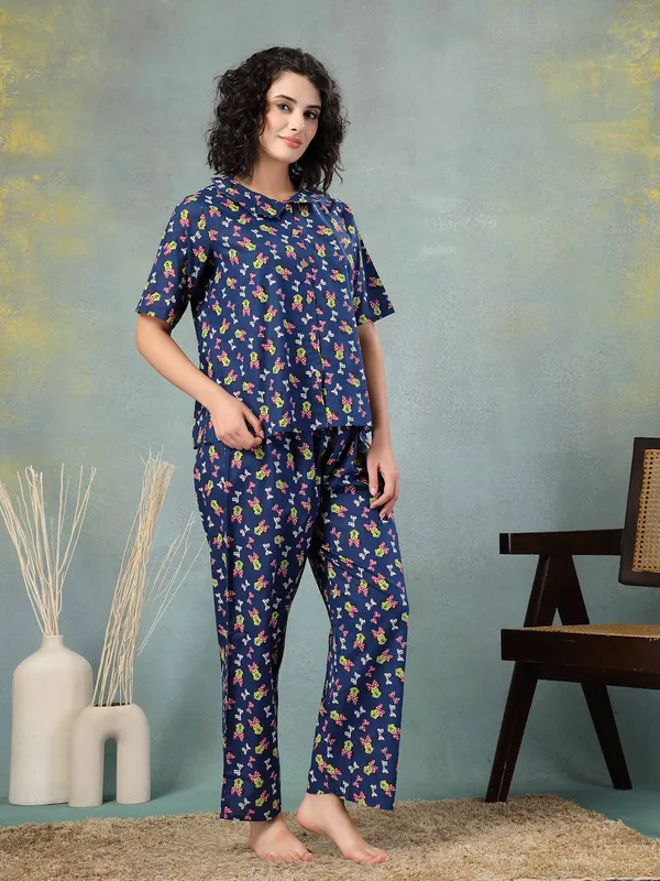 Blue_Cotton_Procian_Print_1/2_Selves_Round_Neck_Regular_Ankle_Length_Night_Suit_For_Women