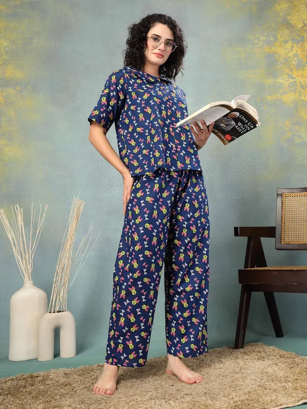 Blue_Cotton_Procian_Print_1/2_Selves_Round_Neck_Regular_Ankle_Length_Night_Suit_For_Women