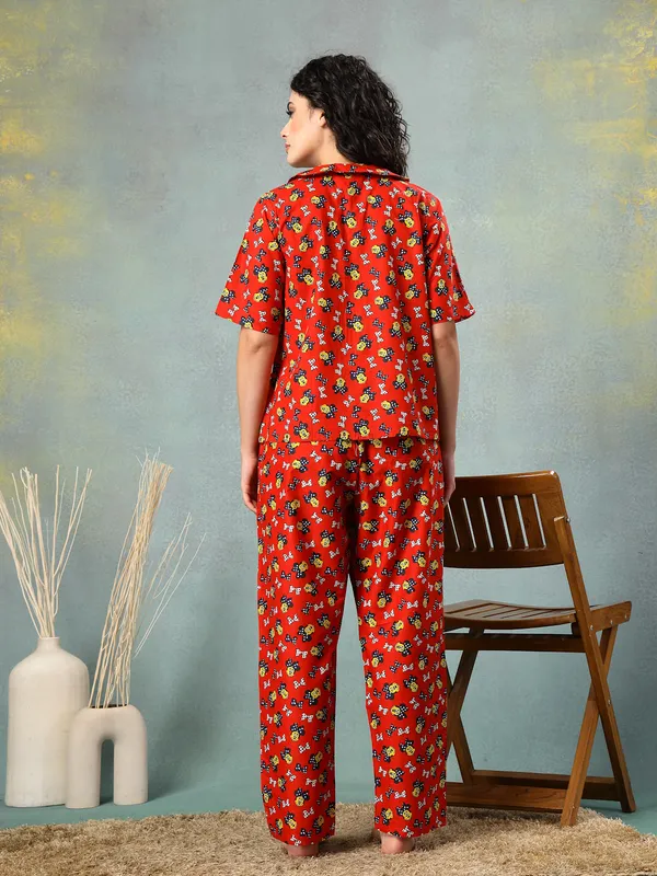 Red_Cotton_Procian_Print_1/2_Sleeves_Round_Neck_Regular_Ankle_Length_Night_Suit_For_Women