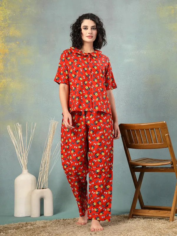 Red_Cotton_Procian_Print_1/2_Sleeves_Round_Neck_Regular_Ankle_Length_Night_Suit_For_Women