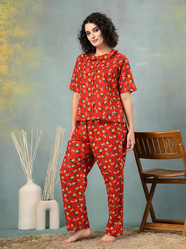 Red_Cotton_Procian_Print_1/2_Sleeves_Round_Neck_Regular_Ankle_Length_Night_Suit_For_Women