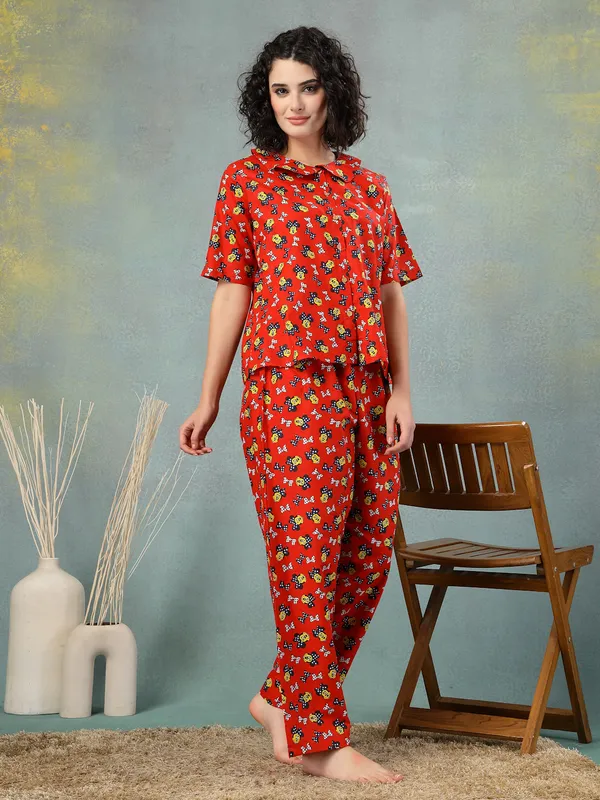 Red_Cotton_Procian_Print_1/2_Sleeves_Round_Neck_Regular_Ankle_Length_Night_Suit_For_Women