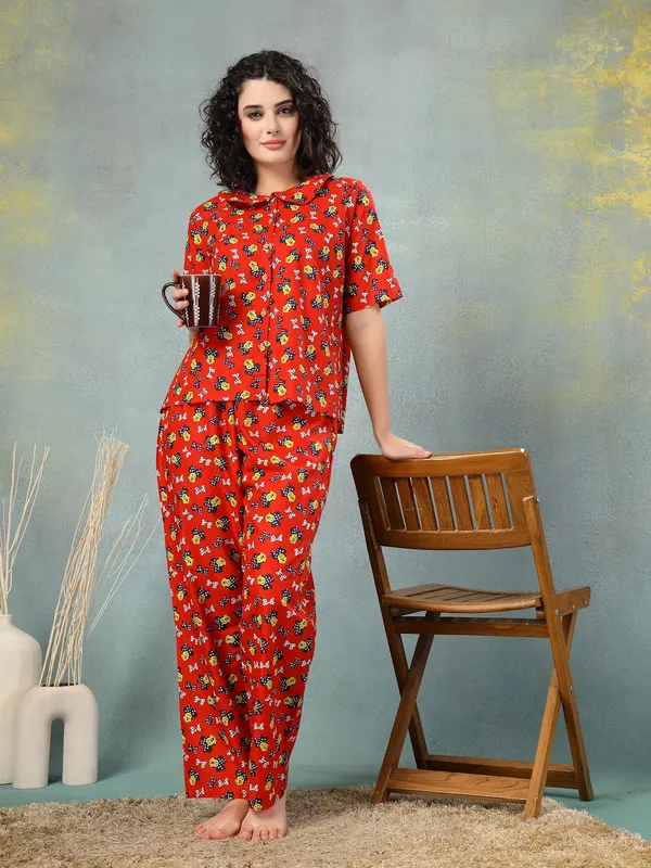 Red_Cotton_Procian_Print_1/2_Sleeves_Round_Neck_Regular_Ankle_Length_Night_Suit_For_Women