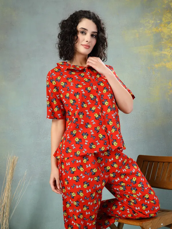 Red_Cotton_Procian_Print_1/2_Sleeves_Round_Neck_Regular_Ankle_Length_Night_Suit_For_Women