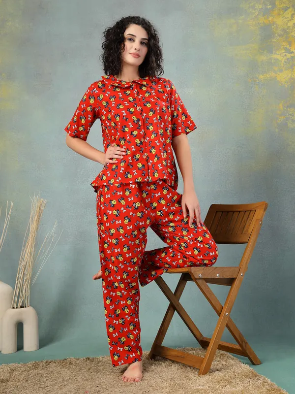 Red_Cotton_Procian_Print_1/2_Sleeves_Round_Neck_Regular_Ankle_Length_Night_Suit_For_Women