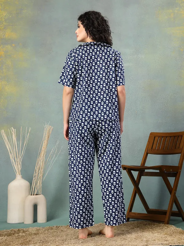 Blue_Cotton_Procian_Print_1/2_Selves_Round_Neck_Regular_Ankle_Length_Night_Suit_For_Women