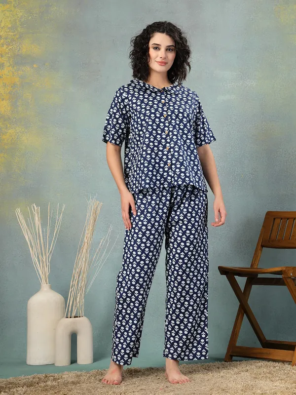 Blue_Cotton_Procian_Print_1/2_Selves_Round_Neck_Regular_Ankle_Length_Night_Suit_For_Women