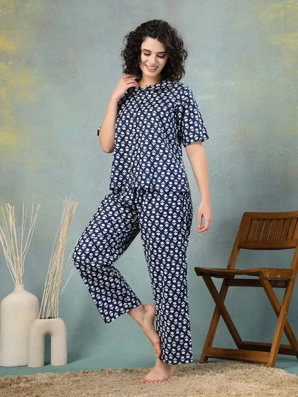 Blue_Cotton_Procian_Print_1/2_Selves_Round_Neck_Regular_Ankle_Length_Night_Suit_For_Women