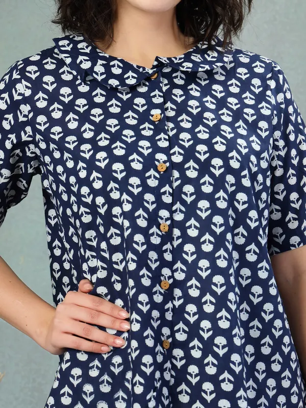 Blue_Cotton_Procian_Print_1/2_Selves_Round_Neck_Regular_Ankle_Length_Night_Suit_For_Women