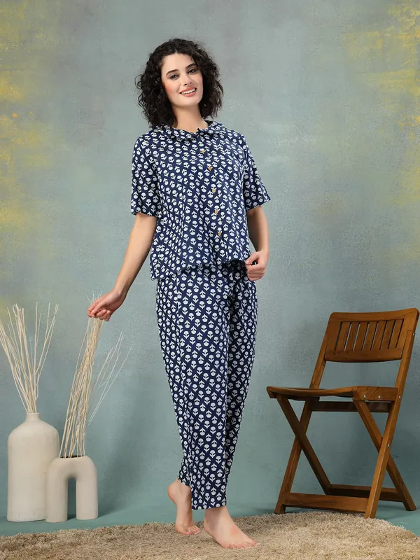 Blue_Cotton_Procian_Print_1/2_Selves_Round_Neck_Regular_Ankle_Length_Night_Suit_For_Women