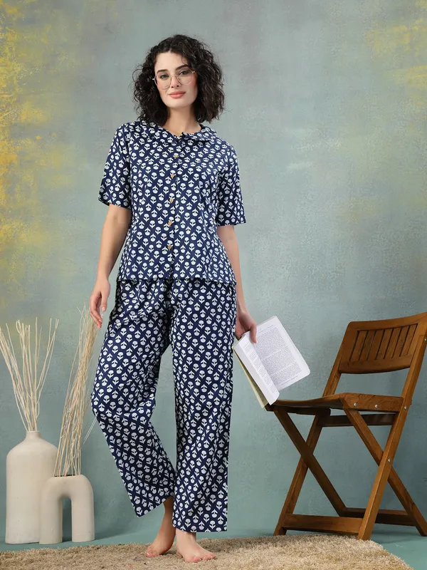 Blue_Cotton_Procian_Print_1/2_Selves_Round_Neck_Regular_Ankle_Length_Night_Suit_For_Women