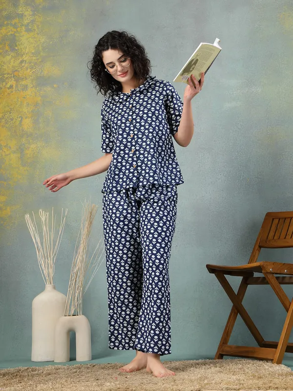 Blue_Cotton_Procian_Print_1/2_Selves_Round_Neck_Regular_Ankle_Length_Night_Suit_For_Women