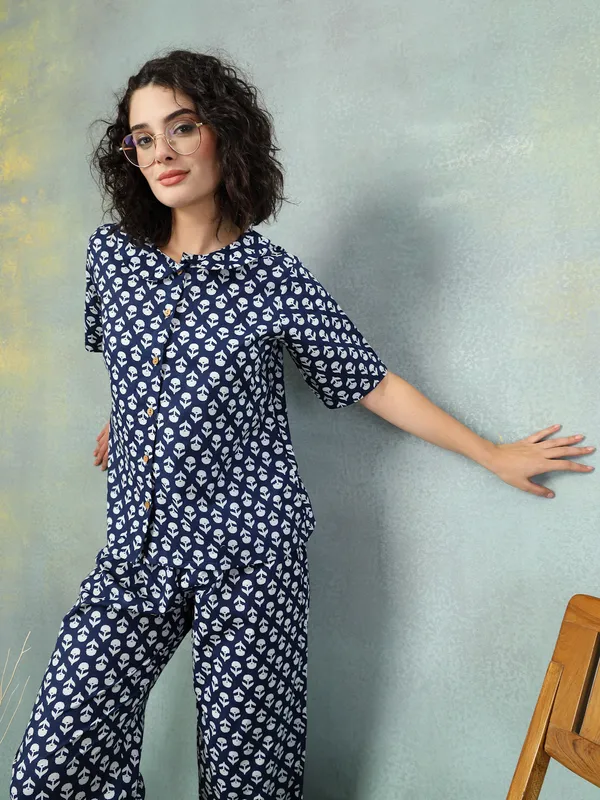 Blue_Cotton_Procian_Print_1/2_Selves_Round_Neck_Regular_Ankle_Length_Night_Suit_For_Women