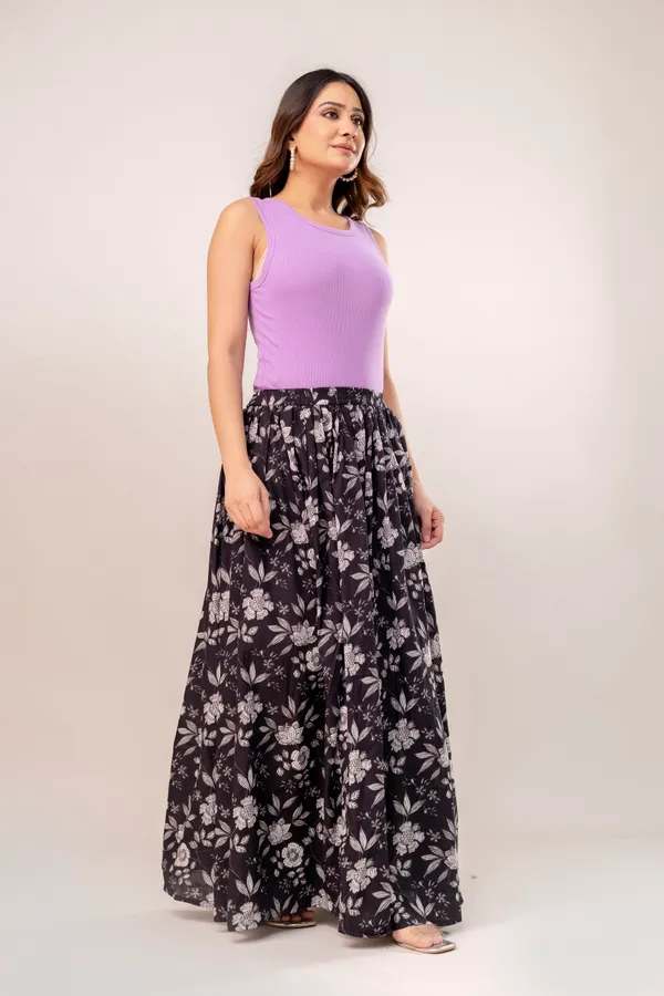 Black_Flower_Cotton_Procian_Print_Anckle_Length_Skirts_For_Women