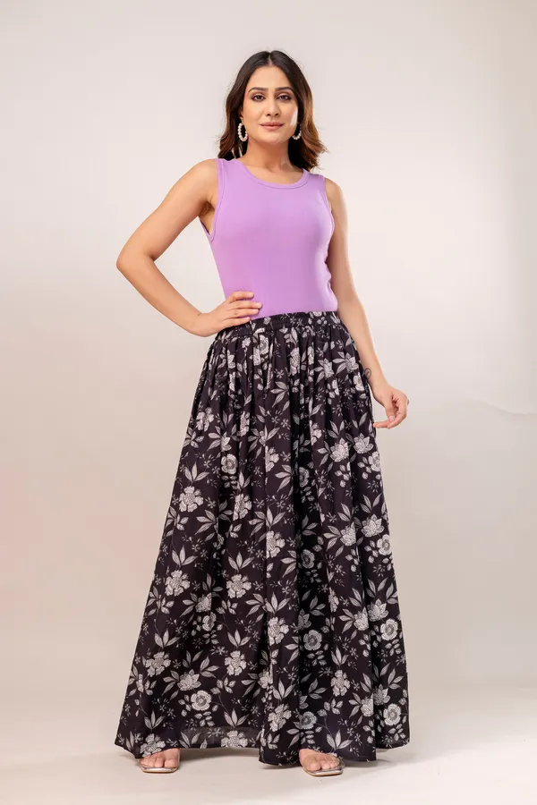 Black_Flower_Cotton_Procian_Print_Anckle_Length_Skirts_For_Women