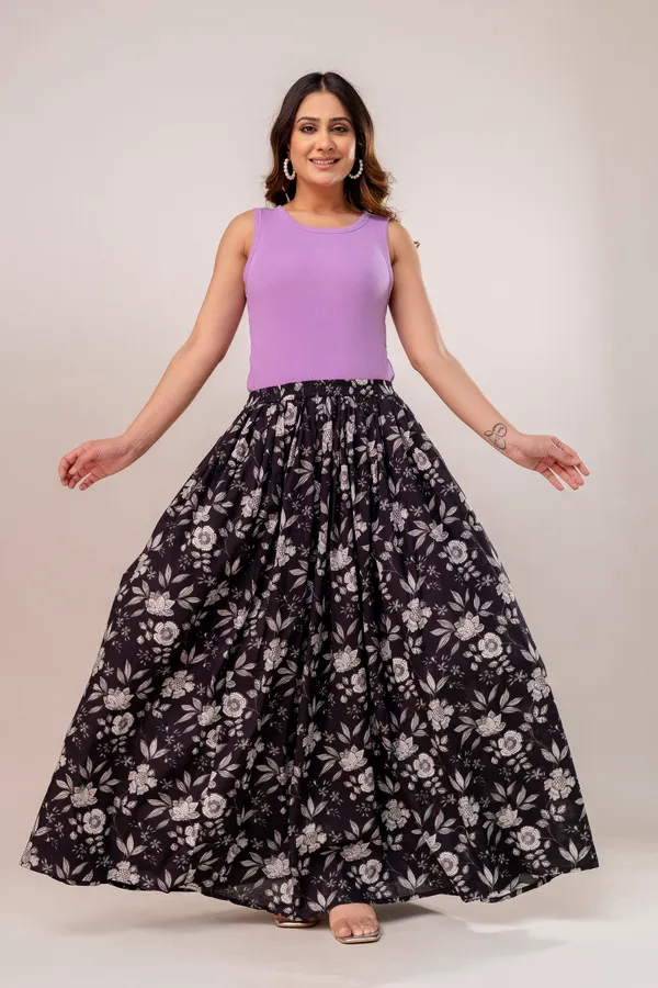 Black_Flower_Cotton_Procian_Print_Anckle_Length_Skirts_For_Women