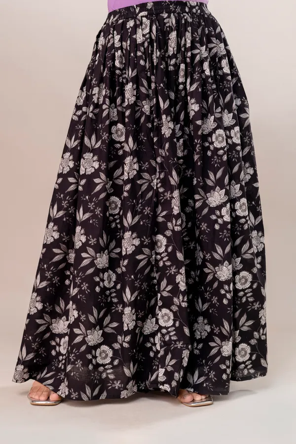 Black_Flower_Cotton_Procian_Print_Anckle_Length_Skirts_For_Women