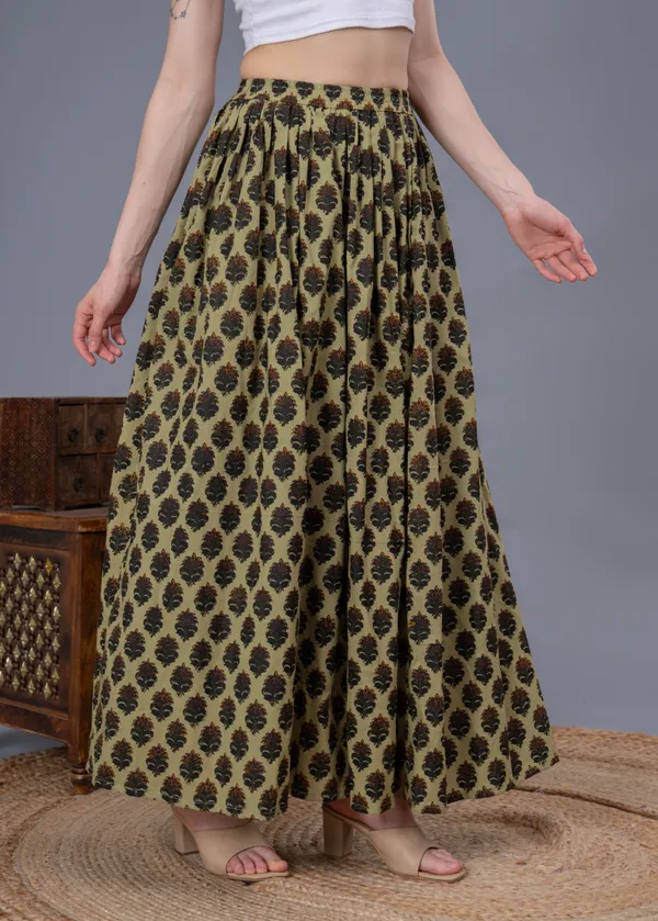 Green_Cotton_Procian_Print_Anckle_Length_Skirts_For_Women