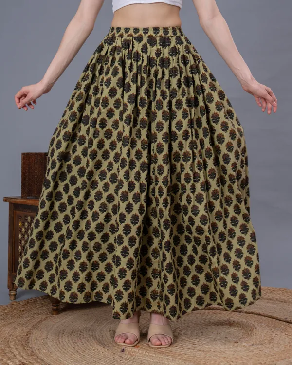 Green_Cotton_Procian_Print_Anckle_Length_Skirts_For_Women