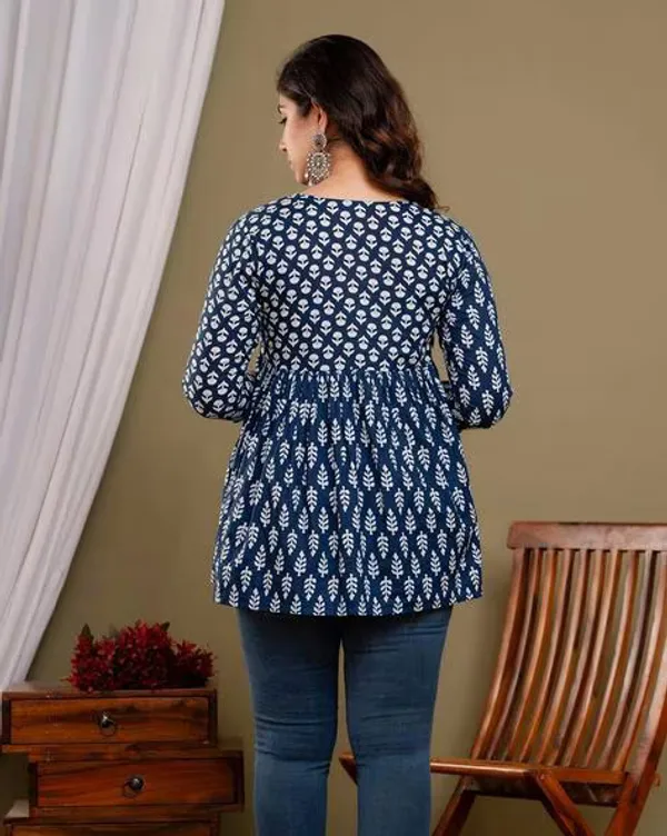 Blue_Cotton_Procian_Print_Waist_Length_Kurti_For_Women