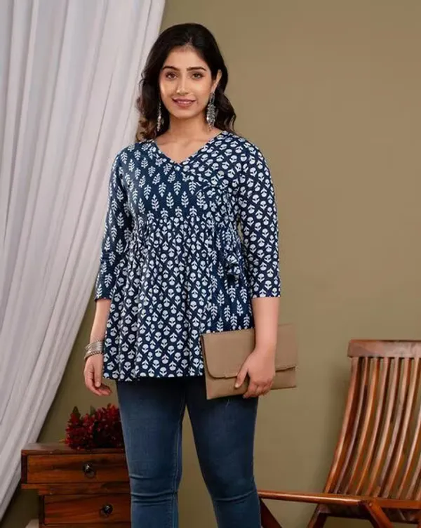 Blue_Cotton_Procian_Print_Waist_Length_Kurti_For_Women