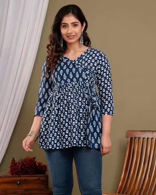 Blue_Cotton_Procian_Print_Waist_Length_Kurti_For_Women