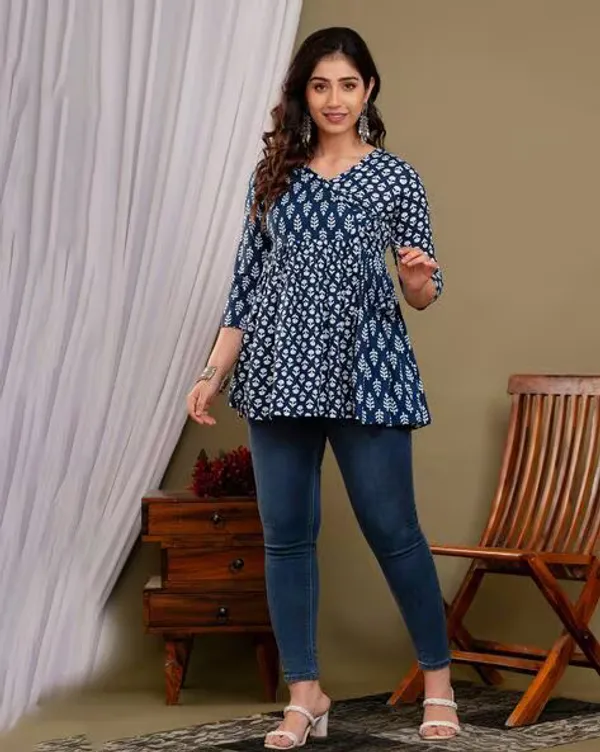 Blue_Cotton_Procian_Print_Waist_Length_Kurti_For_Women