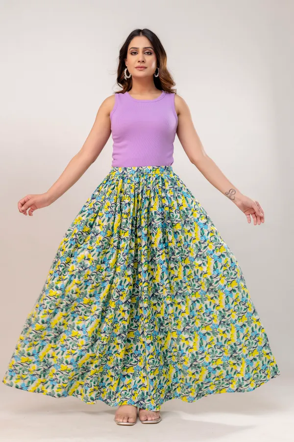 Yellow_Cotton_Procian_Print_Anckle_Length_Skirts_For_Women