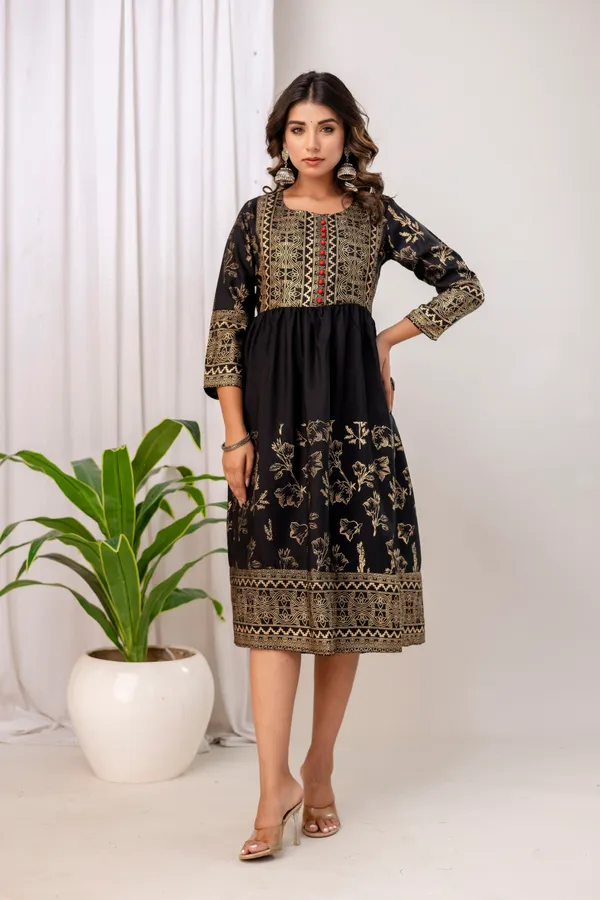 Black_Rayon_Gold_Print_Kalf_Length_Kurti_For_Women