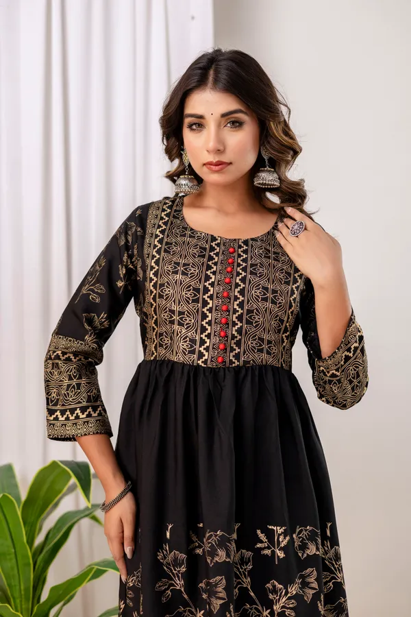 Black_Rayon_Gold_Print_Kalf_Length_Kurti_For_Women