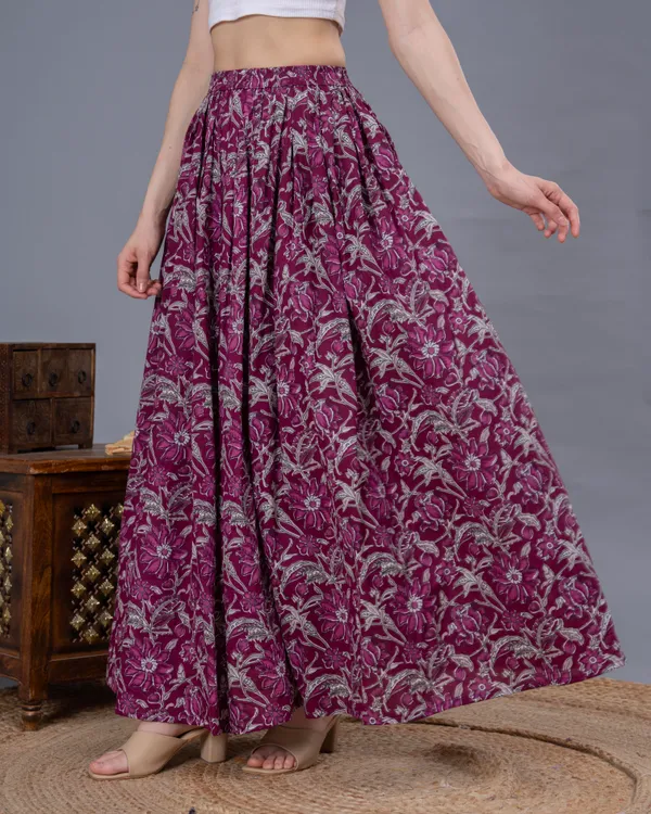 Wine_Cotton_Procian_Print_Anckle_Length_Skirts_For_Women