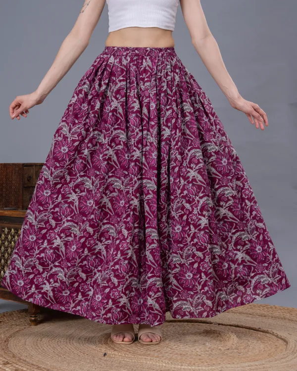 Wine_Cotton_Procian_Print_Anckle_Length_Skirts_For_Women