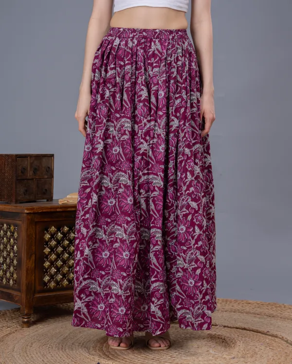 Wine_Cotton_Procian_Print_Anckle_Length_Skirts_For_Women