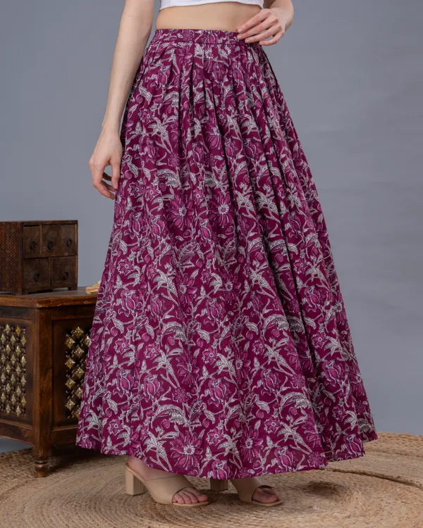 Wine_Cotton_Procian_Print_Anckle_Length_Skirts_For_Women