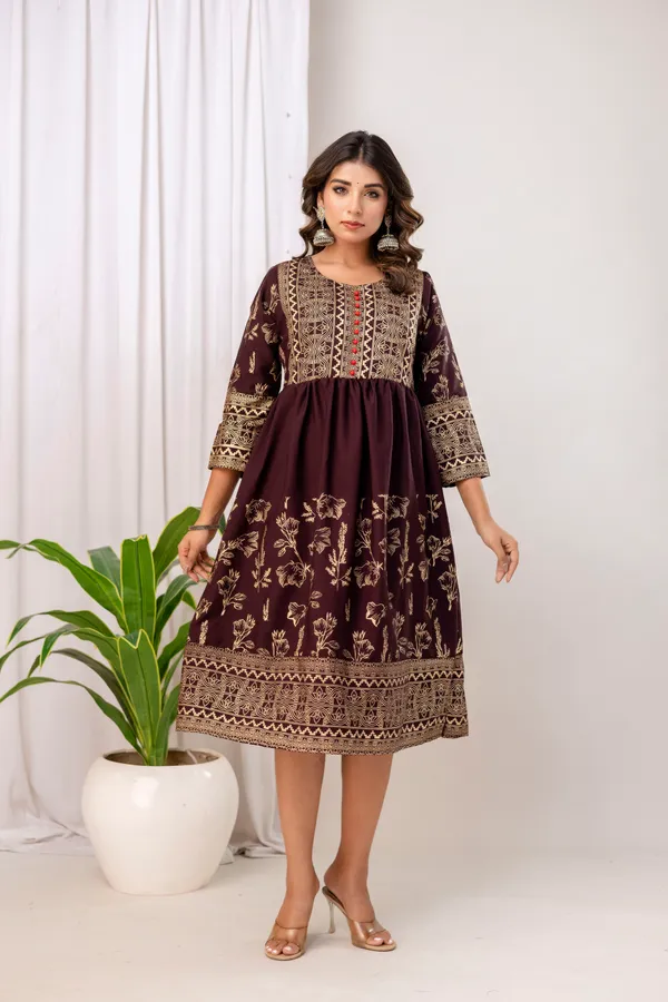 Wine_Rayon_Gold_Print_Kalf_Length_Kurti_For_Women