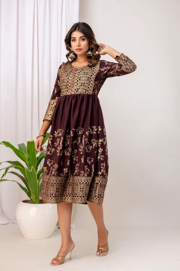 Wine_Rayon_Gold_Print_Kalf_Length_Kurti_For_Women