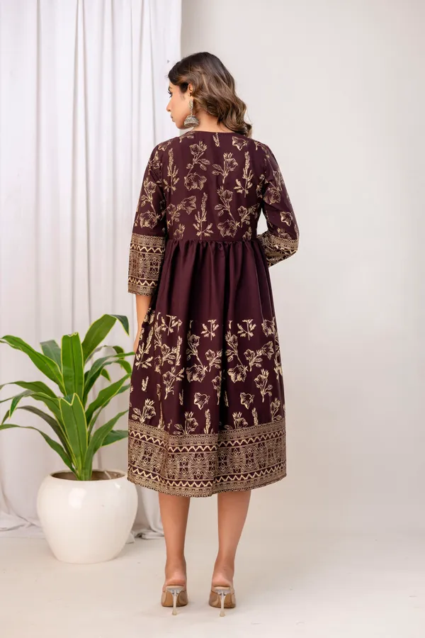 Wine_Rayon_Gold_Print_Kalf_Length_Kurti_For_Women