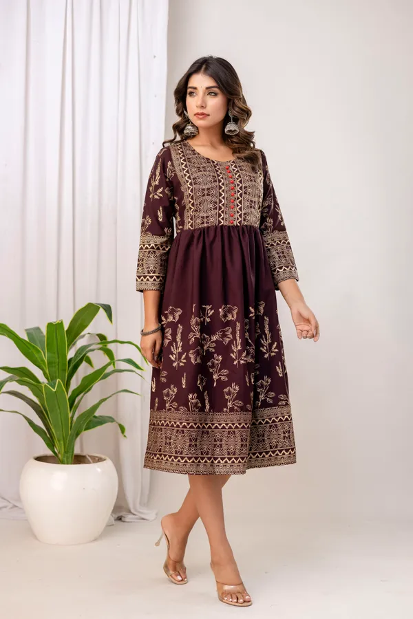 Wine_Rayon_Gold_Print_Kalf_Length_Kurti_For_Women