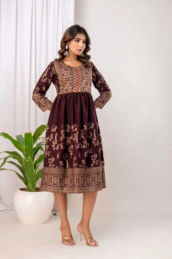 Wine_Rayon_Gold_Print_Kalf_Length_Kurti_For_Women